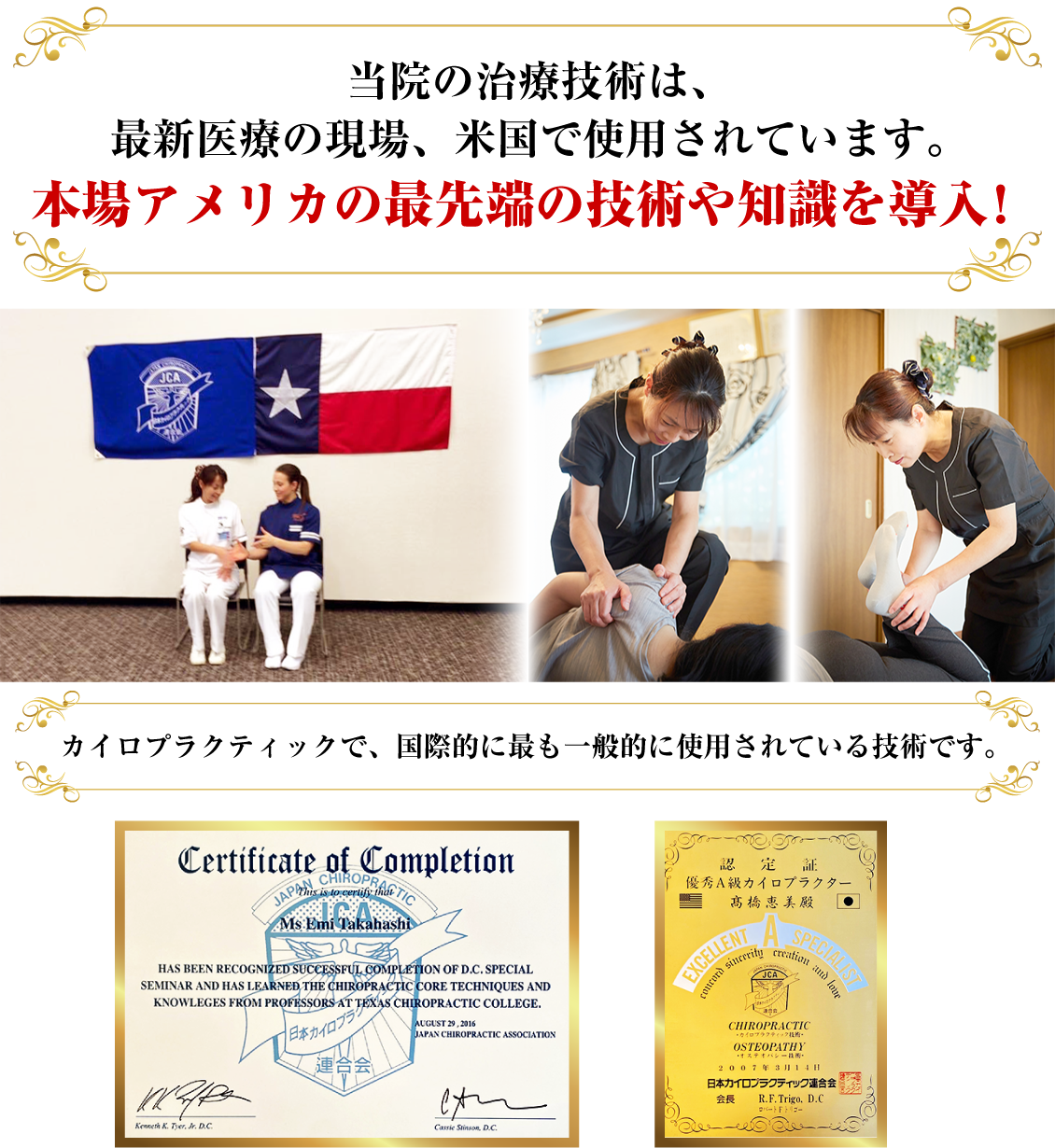 当院の治療技術は、最新医療の現場、米国で使用されています。本場アメリカの最先端の技術や知識を導入!カイロプラクティックで、国際的に最も一般的に使用されている技術です。