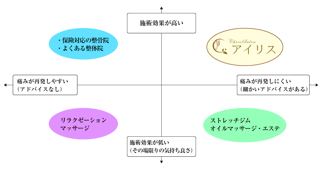 ポジショニングマップ：ChiroSalonアイリス＝施術効果が高い・痛みが再発しにくい（細かいアドバイスがある）