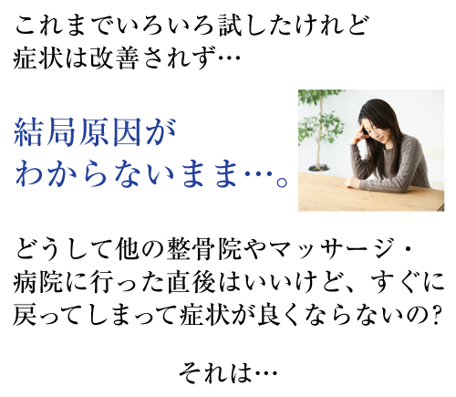 これまでいろいろ試したけれど症状は改善されず…結局原因がわからないまま…。どうして他の整骨院やマッサージ・病院に行った直後はいいけどすぐに戻ってしまって症状が良くならないの？それは…