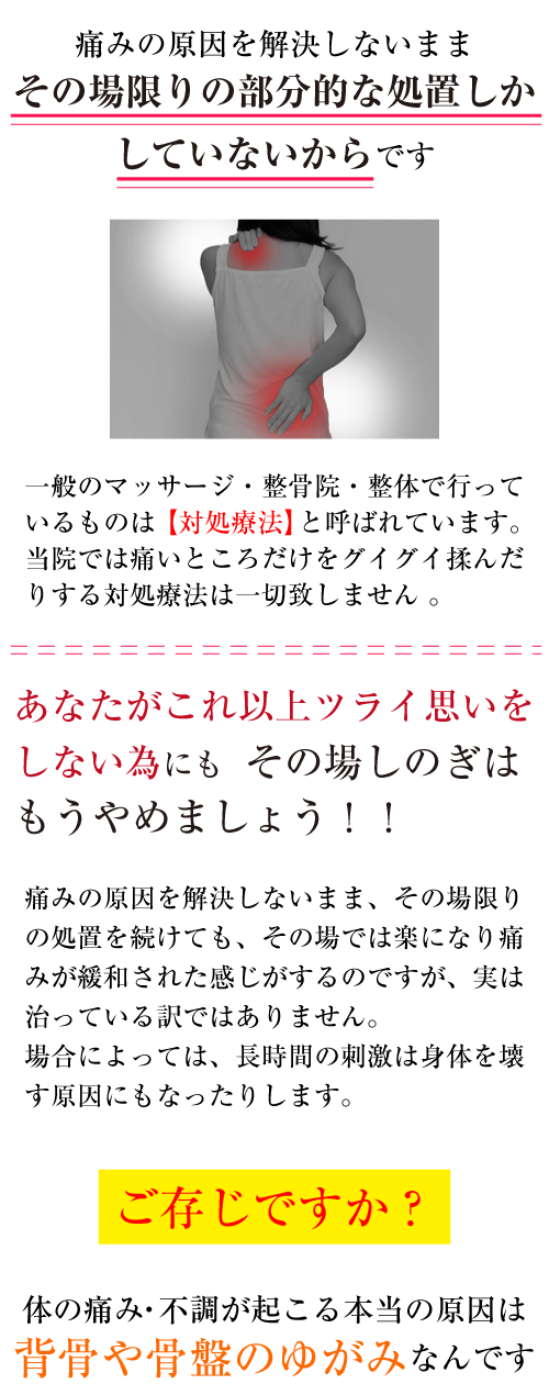 痛みの原因を解決しないままその場限りの部分的な処置しかしていないからです 一般のマッサージ・整骨院・整体で行っているものは【対処療法】 と呼ばれています。当院では痛いところだけをグイグイ揉んだりする対処療法は一切致しません。あなたがこれ以上ツライ思いをしない為にもその場しのぎはもうやめましょう！！痛みの原因を解決しないまま、その場限りの処置を続けても、 その場では楽になり痛みが緩和された感じがするのですが、実は治っている訳ではありません。場合によっては、長時間の刺激は身体を壊す原因にもなったりします。ご存じですか？体の痛み・不調が起こる本当の原因は背骨や骨盤のゆがみなんです