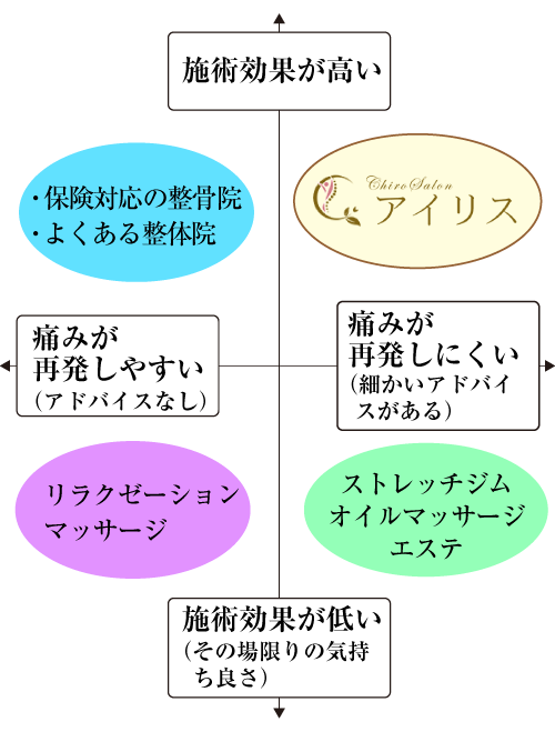 ポジショニングマップ：ChiroSalonアイリス＝施術効果が高い・痛みが再発しにくい（細かいアドバイスがある）