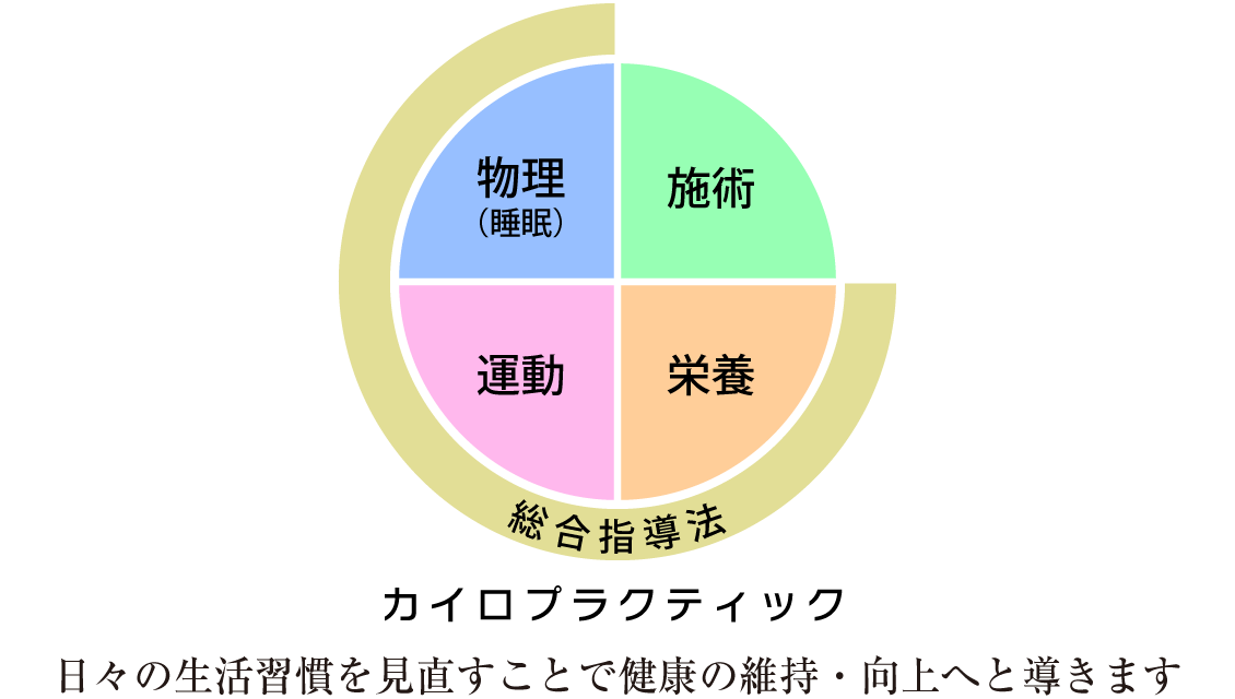 物理(睡眠)・施術・運動・栄養 総合指導法 カイロプラクティック 日々の生活習慣を見直すことで健康の維持・向上へと導きます