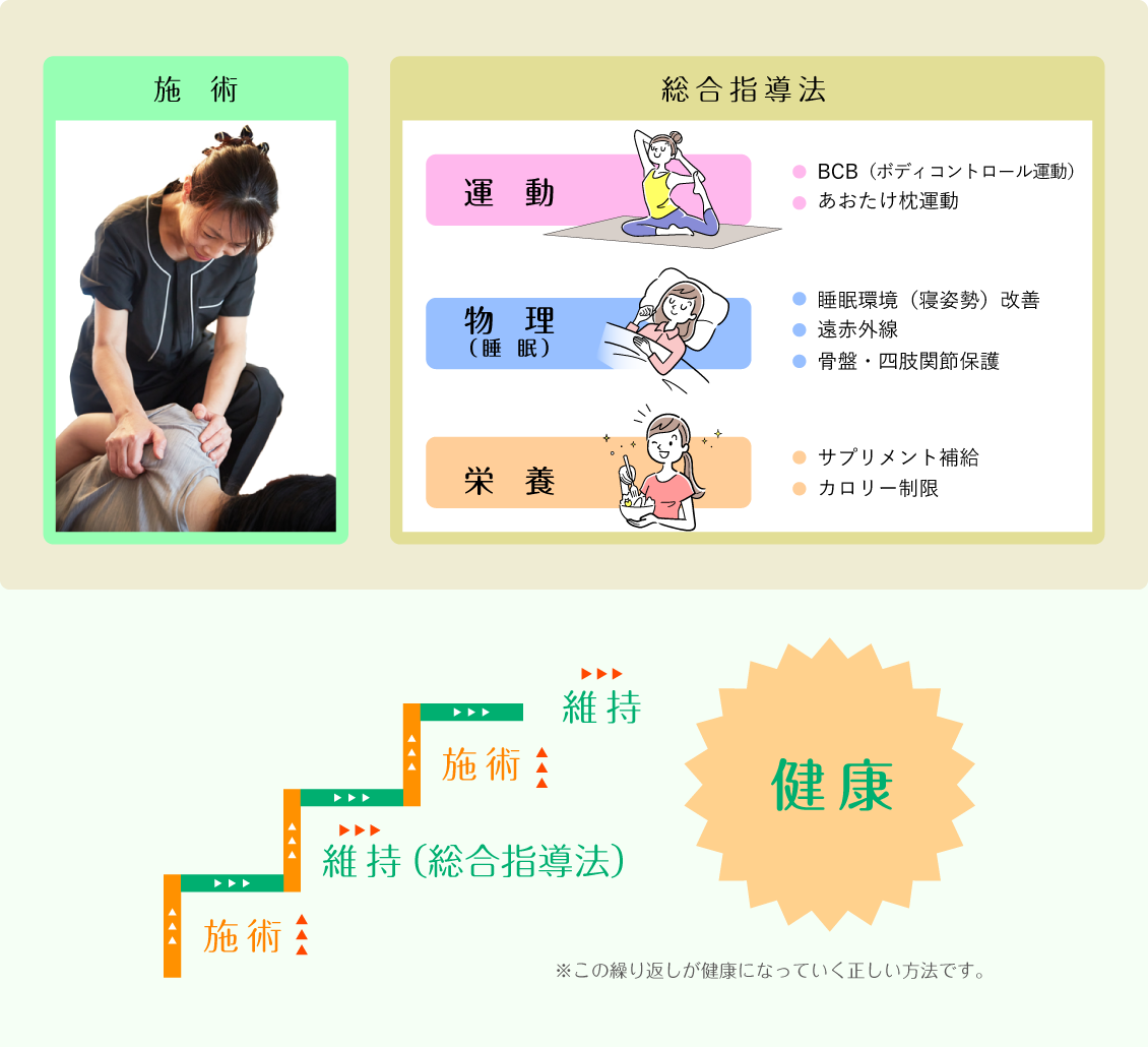 施術、総合指導法:運動=BCB(ボディコントロール運動)、あおたけ枕運動 物理(睡眠)=睡眠環境(寝姿勢)改善、遠赤外線、骨盤・四肢関節保護 栄養=サプリメント補給、カロリー制限